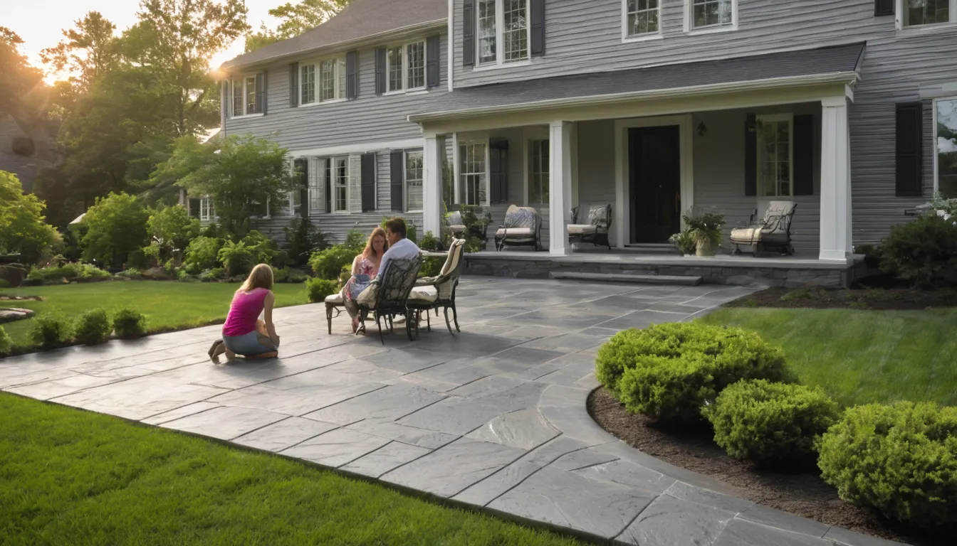 Stamped concrete patio with a slate pattern behind a home in the New Castle area
